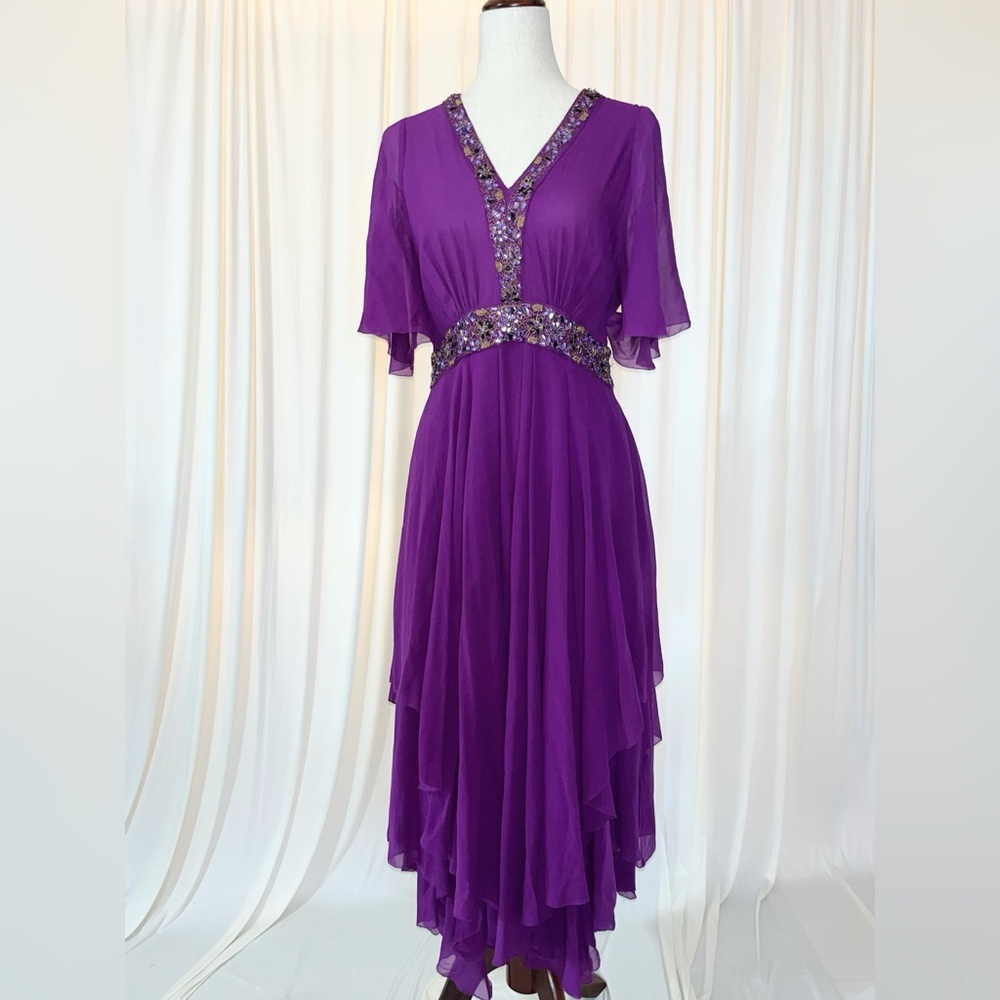 Marchesa‎ Purple Fuchsia Beaded Silk Midi Dress Size 8